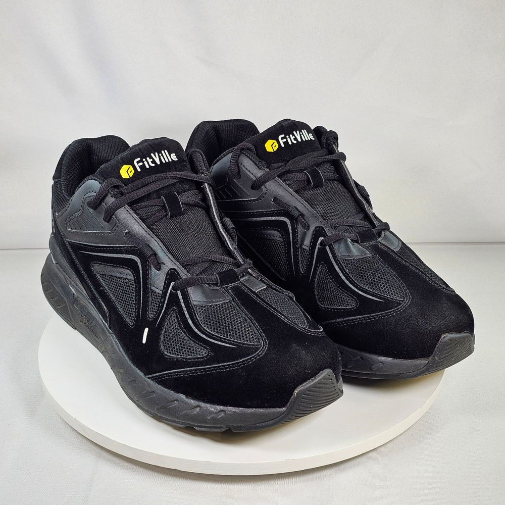 FitVille ReboundCore Mens 11 Walking Shoes Black Mesh Suede Sneakers Wide Fit